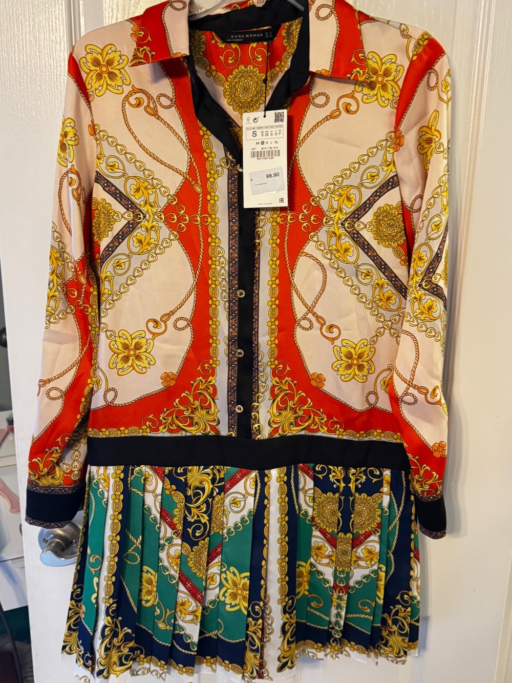 NWT: Zara, Versace inspired Red, Green & Black Chain-Print Long Sleeve Dress